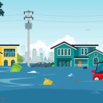 City floods and cars with garbage floating in the water.